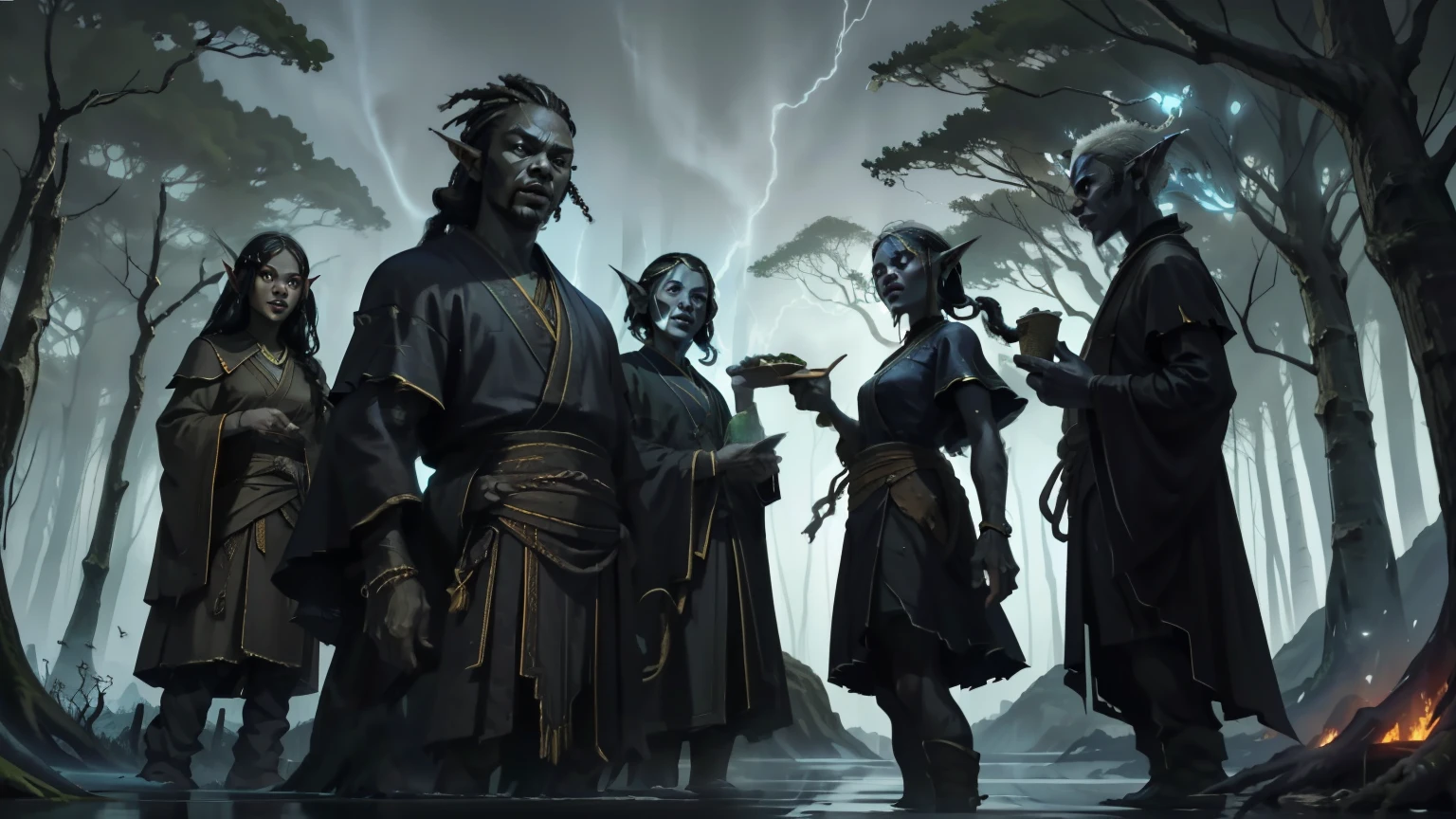 (dark and detailed digital art), ancient and deep elven forest, with titanic trunk trees shining in blue, ice-covered roots and luminous fungi, fog creeping across the floor, translucent spirits floating among the branches, magical empty-eyed creatures wandering at night. Five Afro-descendant elves — men and women united around a magical blue-violet bonfire, laughing and sharing food. They wear tribal costumes with enchanted fabrics, braided hair and natural adornments, with warm expressions . A featured elf, of African descent , with clothes made of leaves, black hair, In the foreground, with the forest and an elven city in the background. Clima frio, mystical and welcoming atmosphere, dramatic lights and shadows, subtle magic in the air, (High Dark Fantasy), (cinematographic quality), (obra-prima).