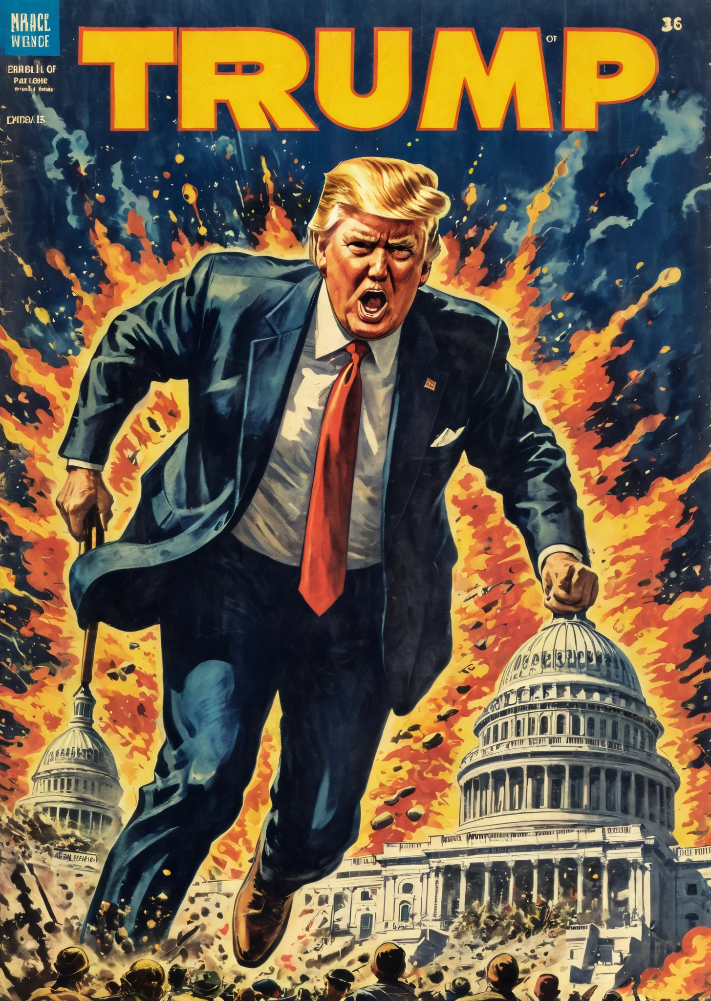 Vintage comic book cover illustration of cool Donald Trump exiting manically over the United States Capitol exploding, frisk, vintage dirt, dirt of aging, 