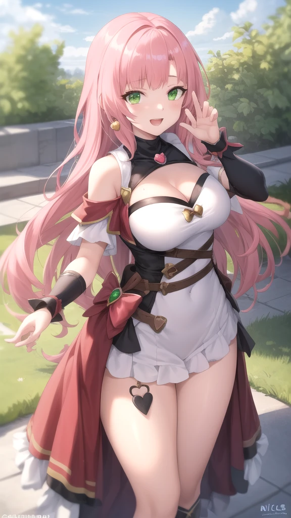1 girl, game CG, frilly pink princess dress, cleavage visible, shoulders visible, tiara, gigantic breasts, pink hair, long hair, straight hair, ahoge, pink eyes, embarrassing, dynamic, outdoor, castle, skirt lift, String panties, from below, wind,