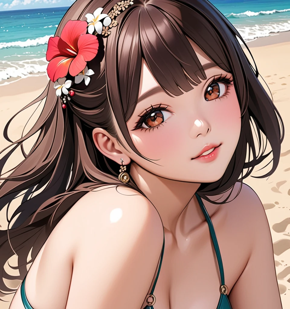 nsfw, hyperphotorealistic, buried in lots of fruits, random hairstyle and hair color, wet thin ultra micro bikini, beautiful lascivious woman kissing fruit, cheerful, sunny beach, super detailed