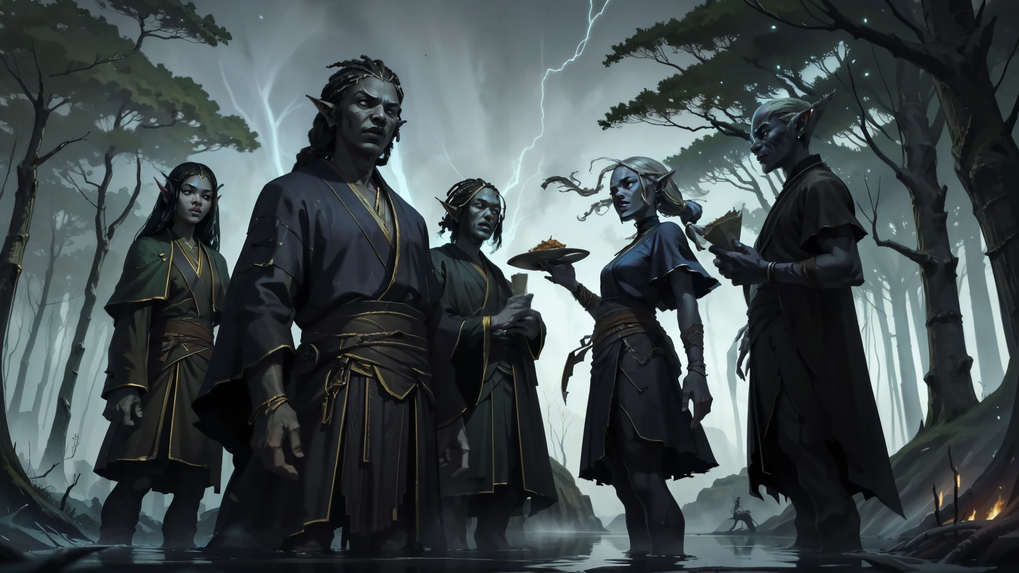 (dark and detailed digital art), ancient and deep elven forest, with titanic trunk trees shining in blue, ice-covered roots and luminous fungi, fog creeping across the floor, translucent spirits floating among the branches, magical empty-eyed creatures wandering at night. Five Afro-descendant elves — men and women united around a magical blue-violet bonfire, laughing and sharing food. They wear tribal costumes with enchanted fabrics, braided hair and natural adornments, with warm expressions . A featured elf, of African descent , with clothes made of leaves, black hair, In the foreground, with the forest and an elven city in the background. Clima frio, mystical and welcoming atmosphere, dramatic lights and shadows, subtle magic in the air, (High Dark Fantasy), (cinematographic quality), (obra-prima).