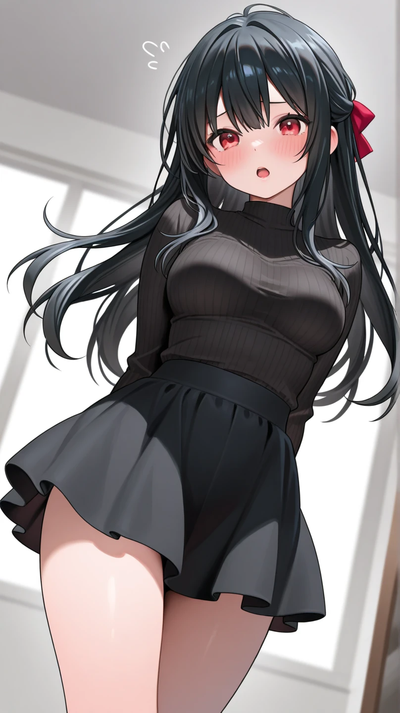 High tail hairstyle, two Ponytail hairstyle, Ponytail hairstyle, Long wavy black hair, standing posing, anime girl style, pixel art anime style,penetrating look with deep eyes,red and purple eyes, hair with a ponytail hairstyle trapped with a big red bun, women, red hair clips, x color shaped hair clips , smiling face blush, next to his bed, Skirt, tank top, Black hair, big thighs, NSFW, Skirt fluttering in the wind, perfect panty, from below, viento levantando su Skirt haciendo que se le vea el panty, hands in fist , Skirt fluttering in the wind, Skirt levantada, black fur, black hair, black hair