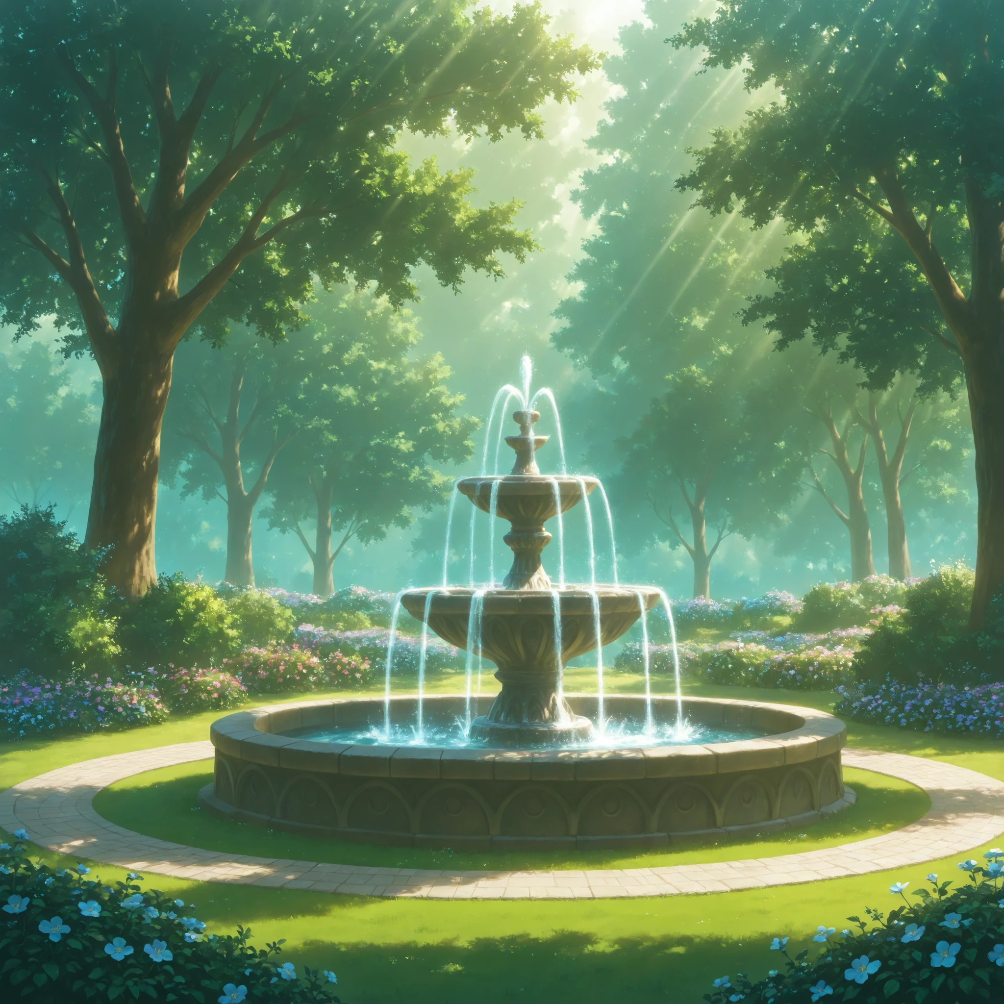 masterpiece, best quality, good quality, PEAnimeBG, Background, anime, scenery, fantasy, no humans, fountain, garden, flower, tree, sunlight, outdoors