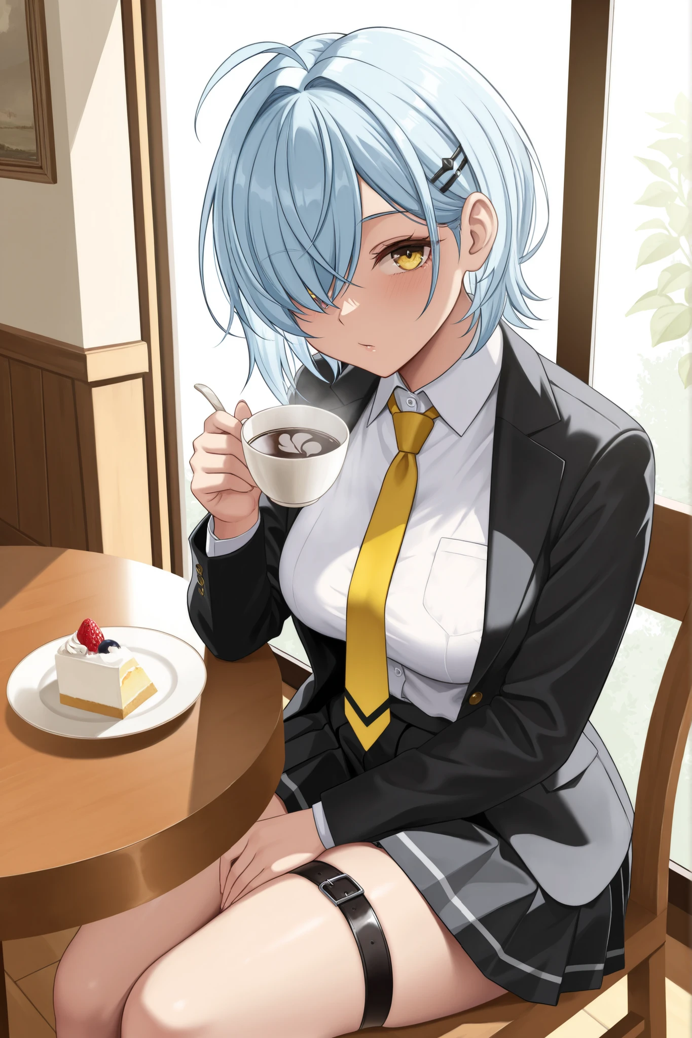 beautiful, masterpiece, best quality, extremely detailed face, perfect lighting, 1girl, solo, <lora:PokeRika:0.7>, hair over one eye, ponytail, collared shirt, eyelashes, pants, suspenders, necktie, earrings, medium breasts, earrings, cowboy shot, 5 fingers,
table, leaning on a table, table in the foreground, narrow shoulders,
smile, sitting on a chair, cafe, in a cafe, table, holding a cup of coffee,
huge bulge, gigantic bulge, <lora:bulgeJ8_concept_V1:0.7>