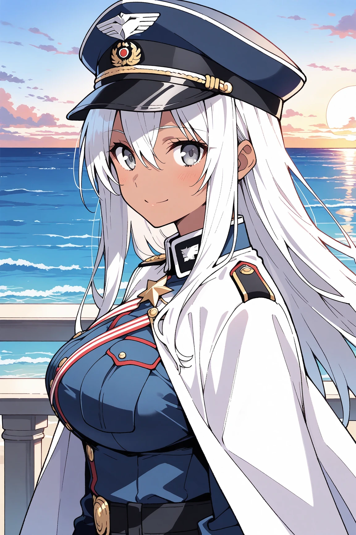 1girl, police, police uniform, police hat, policewoman, dark skin, dark-skinned female, blue eyes, white hair, long hair, huge breasts, thick thighs, bikini, black bikini, blue jacket, beach, shy, timid, wavy mouth, mature female, milf, open jacket, hourglass figure