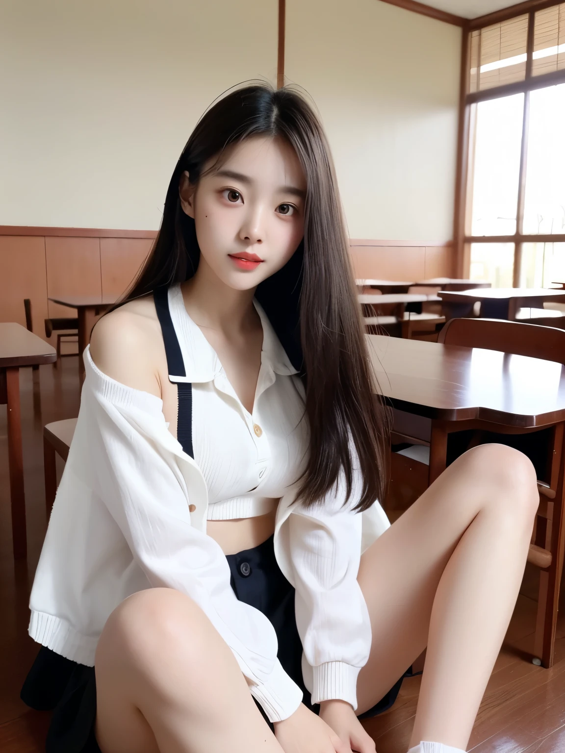 ulzzang-6500-v1.1,(raw photo:1.2), (photorealistic:1.4), beautiful detailed girl, very detailed eyes and face, beautiful detailed eyes, ridiculous, incredibly ridiculous, huge file size, super detailed, high resolution, very detailed, best quality, masterpiece, ((t-shirt)), illustration, very detailed, CG, unified, 8k wallpaper, amazing, fine details, masterpiece, Best quality, very detailed CG uniform 8k wallpaper, face light, movie lighting, 1girl, 16 years old, long white hair, side split, (big breasts), (no panties)), (glasses), (dynamic pose), (sexy pose), ((camel toe))), (half), (pantyhose)), ((black hip skirt)), (bent knees))))))