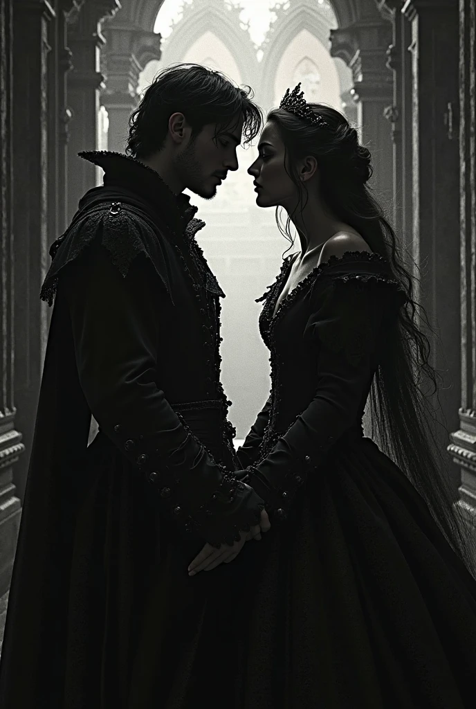 Create the image of a Targaryen woman dressed in a black dress with red lace sleeves, next to a Lannister man, of golden hair. Both boys are 2. 