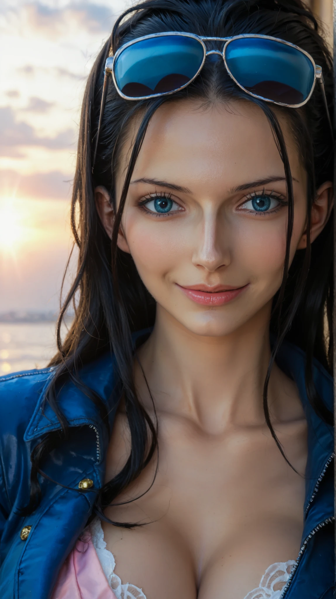 2D, anime, anime style, intellectual suit, one girl, lone woman, long hair, breasts, looking at viewer, smile, large breasts, black hair, blue eyes, sunglasses, blue jacket, black top, pink sarong, (masterpiece), (best quality), extremely detailed, watercolor, bloom, sharp focus, soft lighting, HDR, colorful, good composition, bottom view, blue eyes, straight nose, medium shot, close-up of face, highly detailed face, looking at viewer, soft smile, Nico Robin, intellectual Robin, intellectual two-piece suit, Asian, pretty (25 years old), toned stomach, charming, highly detailed, cosplay, Korean style. And highly detailed, Korean-inspired cosplay style