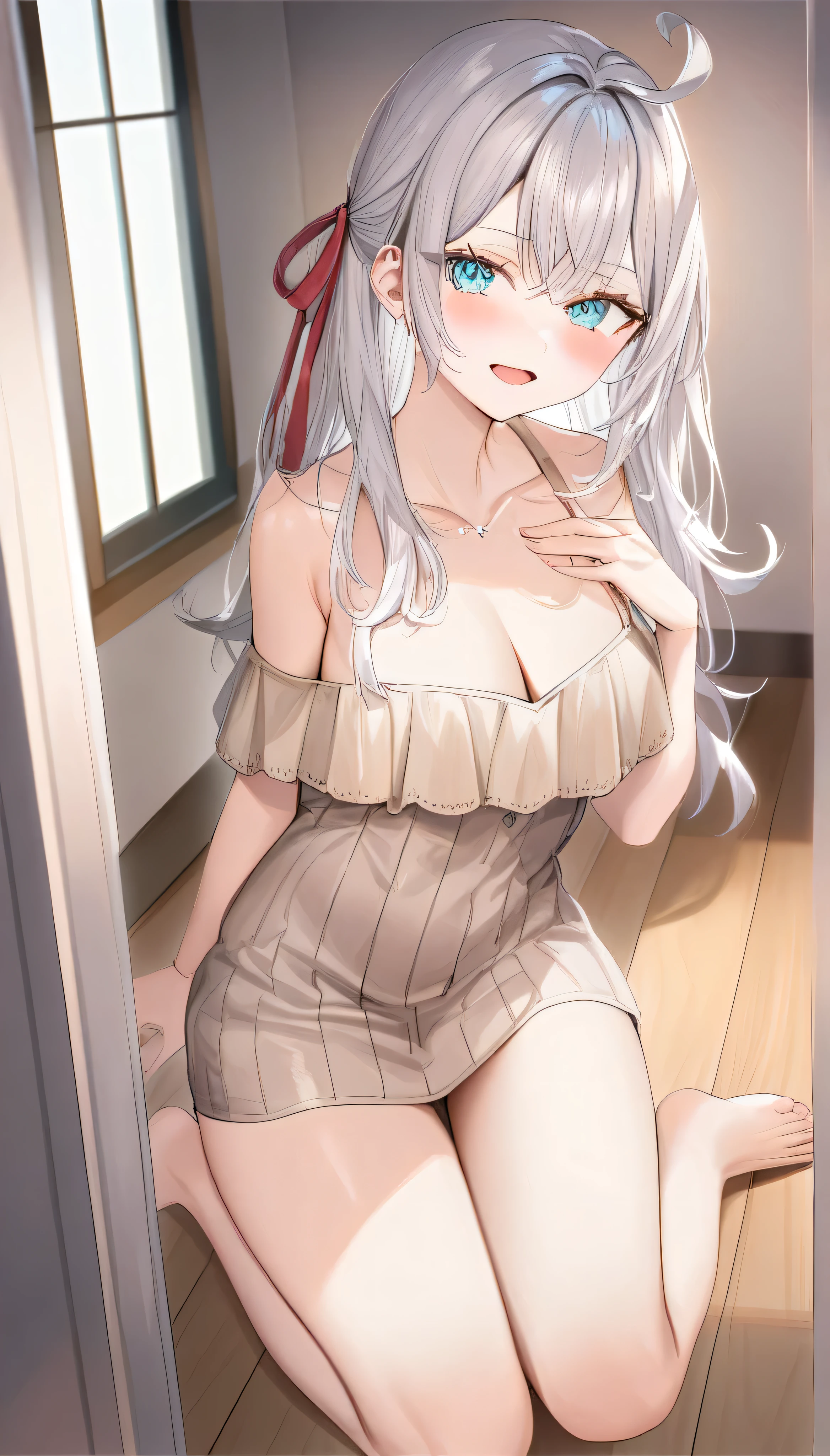Anime girl in underwear, Enchanting anime girl, Blushing、make your breasts bigger、Soft-looking underwear、ruffle underwear、Black and white underwear、White shorts、Soft fabric feel、ruffle bra