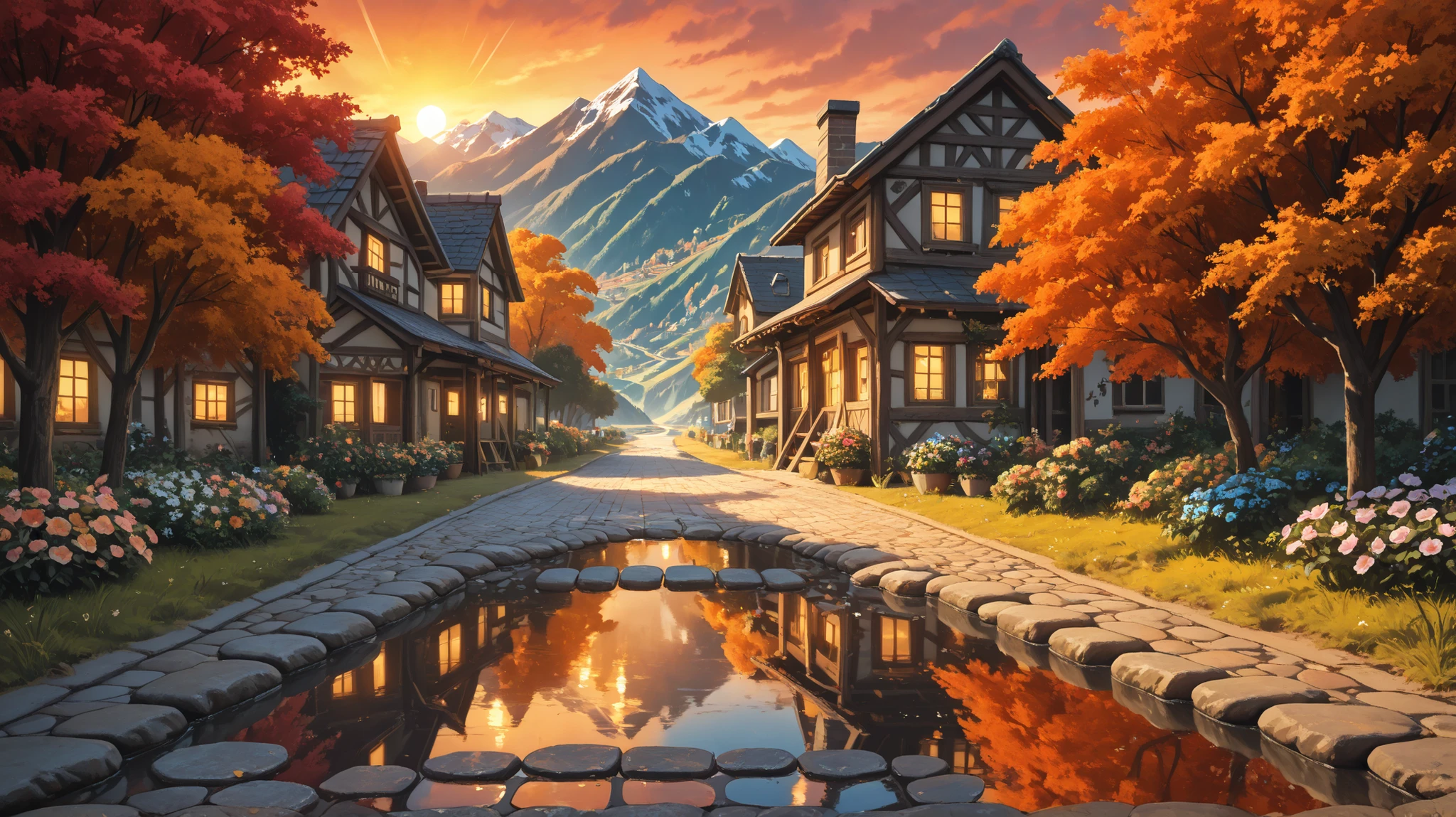 a small village by the river, mountains in the background, floral flowers colorful, detailed landscape, Beautiful natural landscapes, atmospheric lighting, scorching sunset, warm colours, practical, photopractical, Detailed Foliage, complex buildings, cobblestone street, Charming country house, swirly vibrant colors, lush vegetation, Still water reflections, Picturesque, idyllic, work of art, best qualityer, 8k, extremely detaild,anime styling