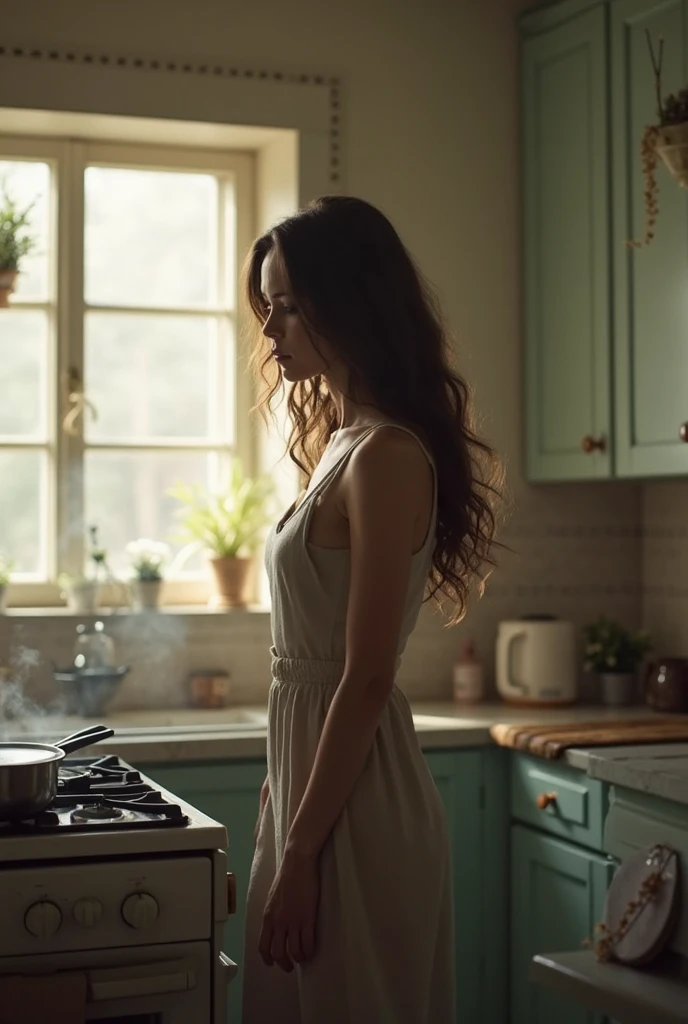 Cute mom standing naked with her back to cooking in the kitchen