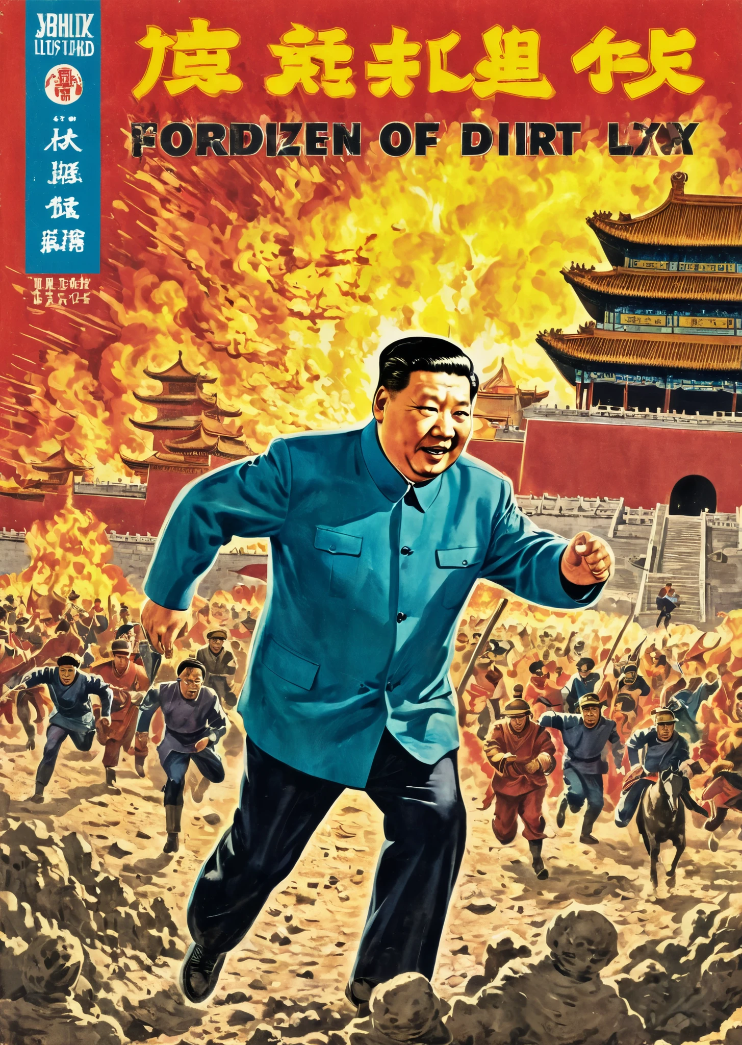 Vintage comic book cover illustration of cool Xi Jinping exiting manically over the Forbidden City with arsoning peoples, frisk, vintage dirt, dirt of aging,