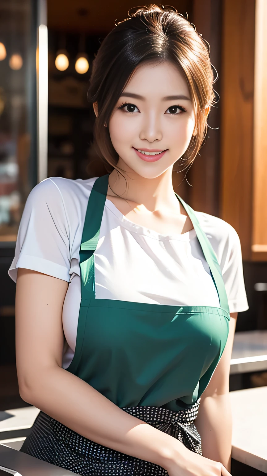 (Realistic、Photorealistic、Ultra-detailed、Highest Detail Skin、highest quality、masterpiece、超A high resolution)、Very cute Japanese woman、18-year-old、Gradient lighting、One Girl、Purelos Face、(((((Naked Apron、Wear only an apron、Green apron only、No clothes)))))、(((Coffee shop clerk、Serve customers at the counter)))、On the bed、Laughter、Realistic skin types、Perfect Style、Gravure idol pose、shortcut、double eyelid,((The camera is from the side of the body)),