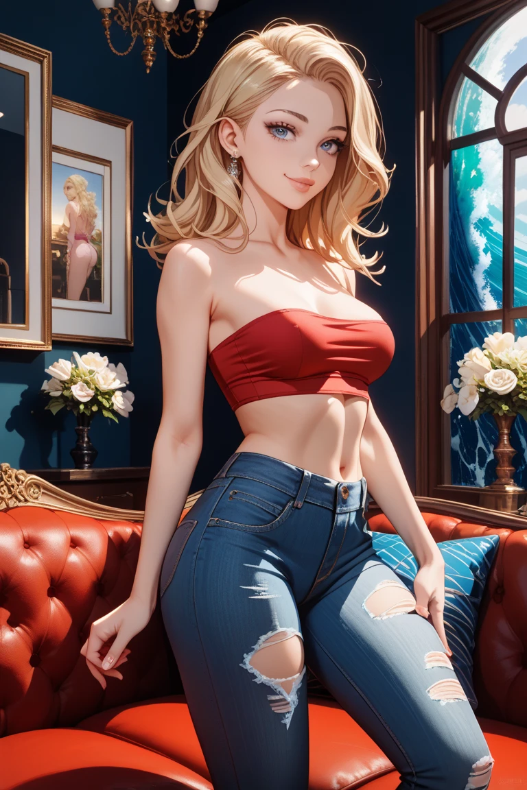 muscular, thick thighs, wide hips, huge perky ass, very pale fair glowy white skin, ginger blonde hair, blue eyes, most beautiful woman on earth, detailed face and eyes, looking at viewer, facing camera, centred in frame, masterpiece, best quality, 8K HDR, huge breasts, 85mm photo, shallow depth of field, tack sharp, solo, 1girl, face extremely close to camera, from front, leaning into camera, very plump full lips, exaggerated hourglass physique, shredded fit body, zero body fat, muscle definition, striations, broad shoulders, deltoids, tiny waist, long lean torso, (shredded washboard eight pack abs), obliques, midriff, real hands, incredibly seductive college student, sitting at table, behind chess board, (wearing sweater hanging off one shoulder, wearing jeans), confident smile
