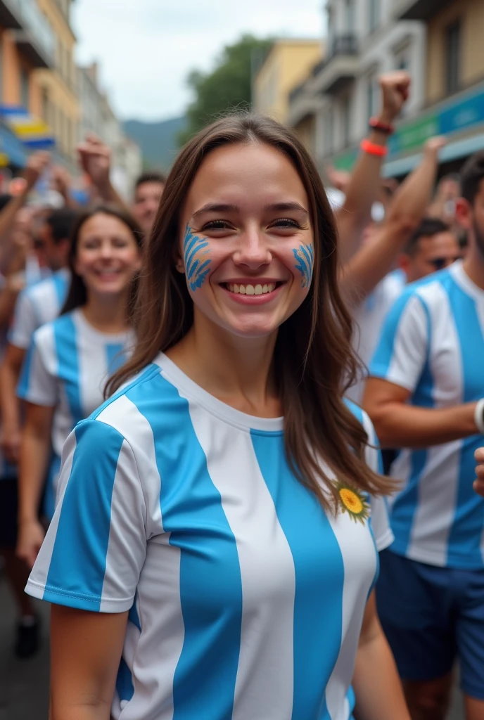 Girl showing her tits with an Argentine t-shirt