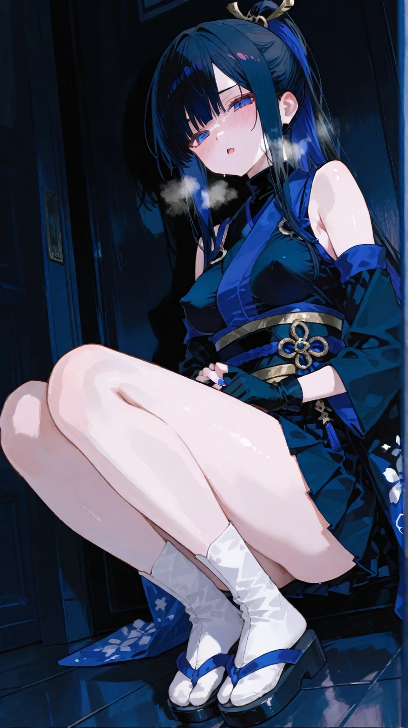 NSFW,((masterpiece,Perfect Anatomy,Highest quality、超High resolution、High resolution、Highly detailed CG、8K Unit Wallpaper)),Cowboy Shot,Portraiture,1 Female,alone,20 year old beauty,Japanese,((Beautiful fine details)),Brown eyes,shy,(((Sheer Chinese dress))))、((Sleeveless,Deep slit)),Clothes are see-through and you can see her pussy,Nipples are visible through the, pantie less、Sitting on the floor