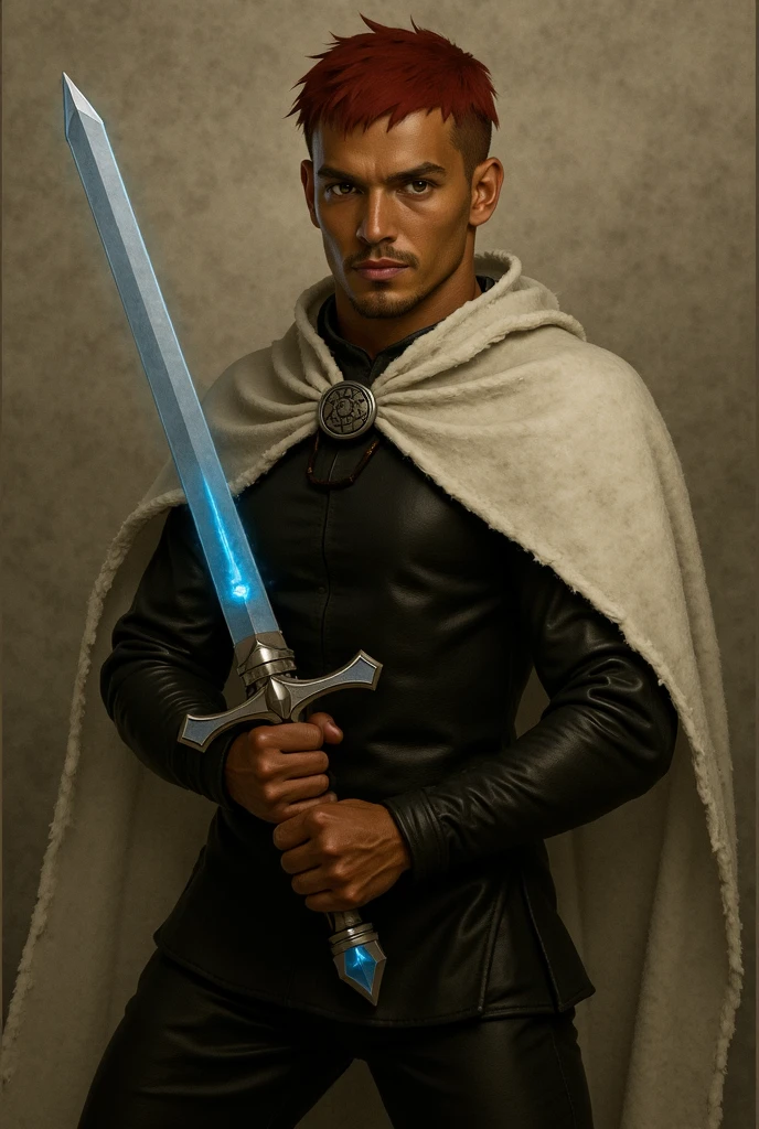 Imagine a young 20 year old ascended Latina with light brown skin with a scar on his right eye and electrical powers., black clothes and a sword