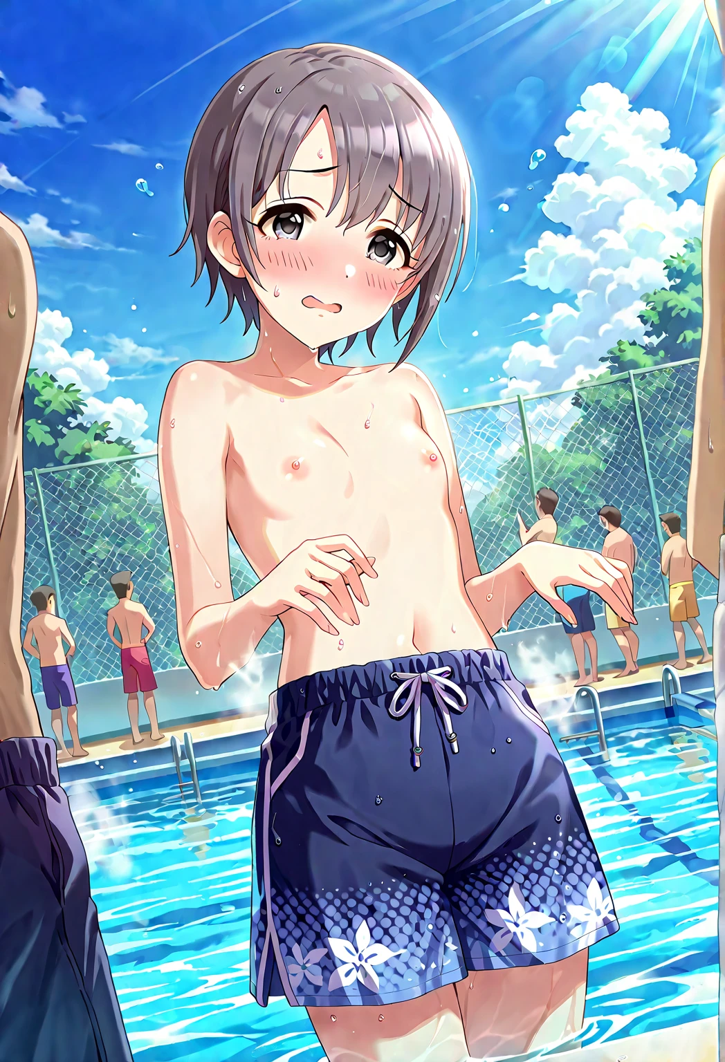 1 girl, ((young girl ,short stature,gyaru)) ,flat chest,flushed, flushing,black hair, ponytail, nsfw,heavyset,poolside, bikini,stand,cowboy shot,used condom,cum in pussy, nipples, pussy, (kanabun), grinning, smile