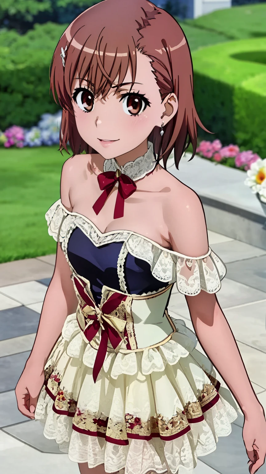 (masterpiece, best quality, high resolution, 8k:1.2), (anime coloring:1.2), highly detailed, beautiful eyes, perfect eyes, fine eyes, brown eyes, featuring big highlights, detailed face, highly detailed, fine eyes, symmetrical eyes, one girl, alone, Misaka Mikoto, brown hair, short hair, hairpin, (small breast:1.4), slim body, (smile), (off shoulder dress, lace-trimmed dress, bare shoulders, frills), (earrings, ribbon), (garden), (cowboy shot:1.2), looking at the viewer,