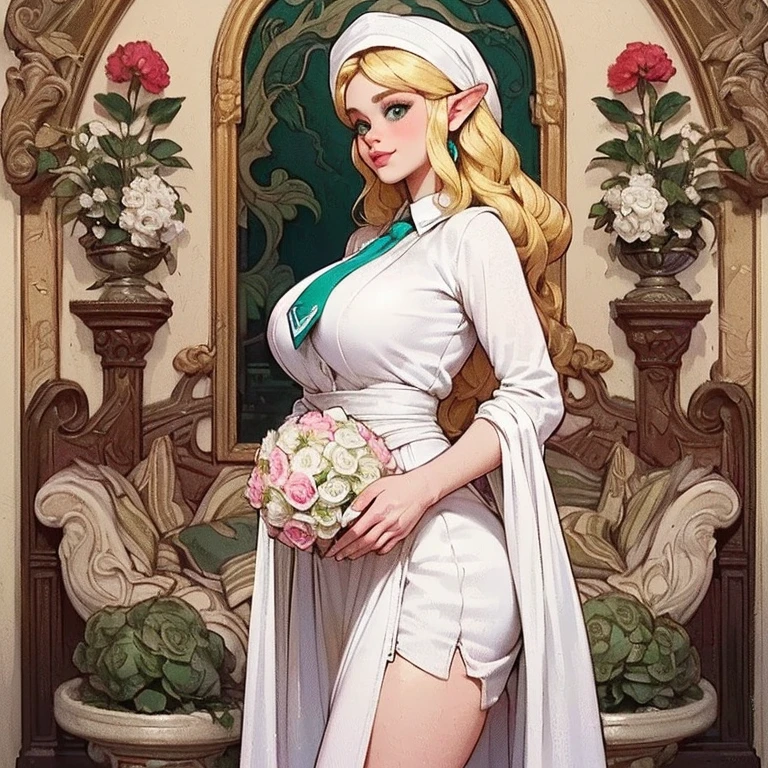 score_9, score_8_up, score_7_up, score_6_up, score_5_up, source_anime, 1girl,, qiyana, league of legends, white hair,tiara, exposed breasts,,  wedding dress, upper body, , , nipples, wide hips, tigh waist, holding a bouquet