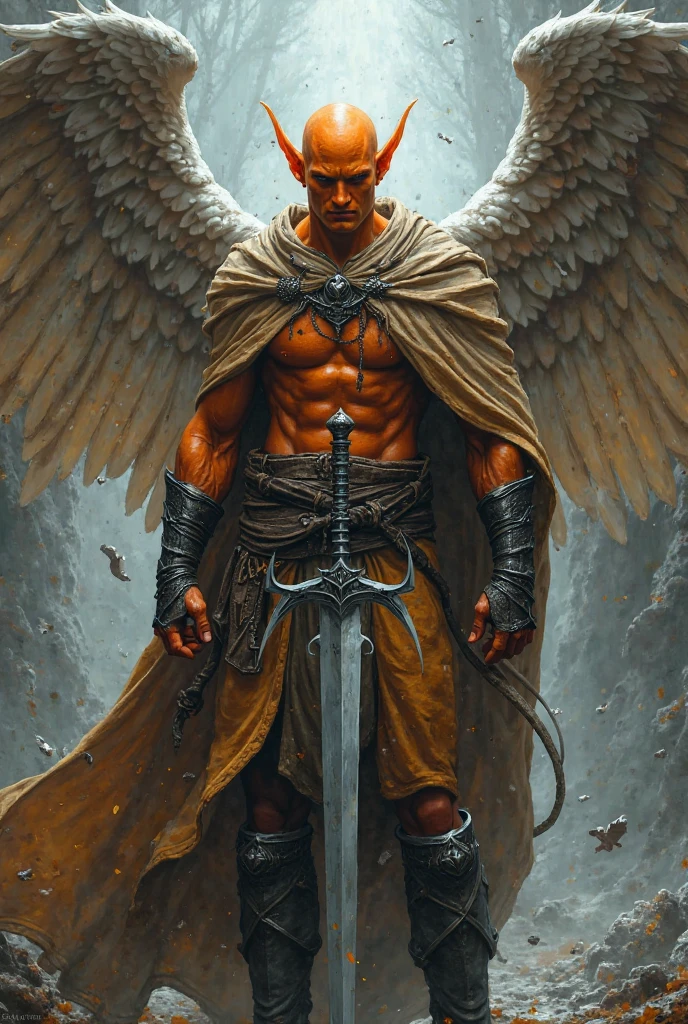 a muscular man in black armor with bandages, facing the viewer, with manly features, scars and wounds, smooth skin, sharp focus, illustration, guts (berserk), dark angel wings, cinematic lighting, dramatic pose, hyper detailed, oil painting, photorealistic, chiaroscuro, muted colors, moody atmosphere