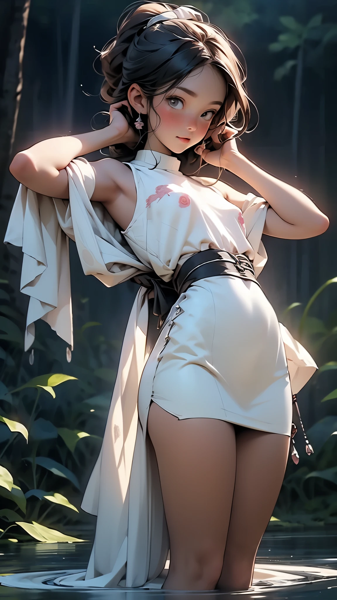 ((Best Quality)), ((Masterpiece)), (Very Detailed:1.3), 3D, Shitu-mecha, Beautiful cyberpunk woman with her mech in the ruins of a city in the forgotten war, ancient technology, HDR (High Dynamic Range), ray tracing, NVIDIA RTX, Super Resolution, Unreal 5, Subsurface scattering, PBR texture, Post processing, Anisotropic filtering, Depth of field, Maximum sharpness and sharpness, Multilayer texture, Albedo and highlight maps, Surface shading, Accurate simulation of light-material interactions, perfect proportions, octane rendering, duotone lighting, low ISO, white balance, rule of thirds, wide aperture, 8K RAW, efficient sub-pixels, subpixel convolution, luminous particles, light scattering, tyndall effect, transparent clothing, lace trim, lace seduction, bare legs, miniskirt, long legs, thighs, big breasts, huge breasts, split skirt, pink lace trim, upturned hips, big breasts, big breasts, big breasts, high split cheongsam, coquettish type, charming, coquettish Chest leakage, bursting breasts, long hair, curly hair, big breasts, seduction, tall figure, white skin and beauty, mesh stockings, broken nets, white hair, fat breasts and buttocks