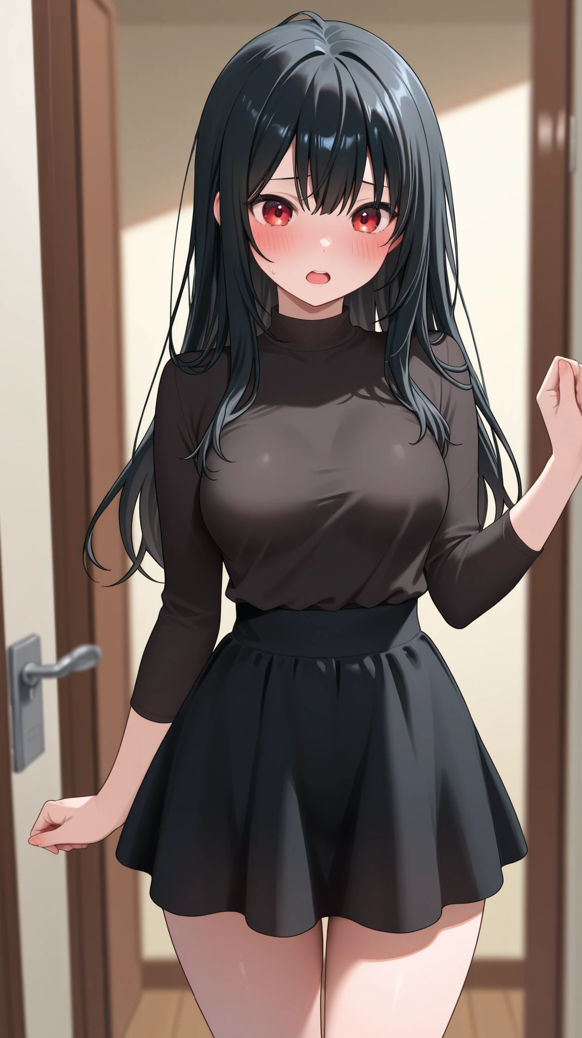 obra-prima, alta qualidade, melhor qualidade, 1girl, cabelo curto preto, olhos verdes, middlebreasts, camisa preta amarrada, mini saia muito curta, seios, quadris