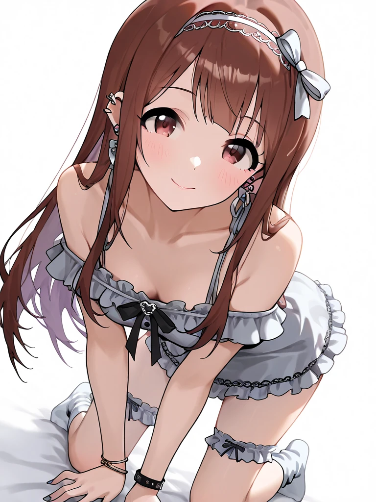 1girl, , 4 yete daughter, happy, bangs, long hair, cute pink mini dress, upskirt, sexy body, vagina spread cameltoe, (white panties side tie), white background