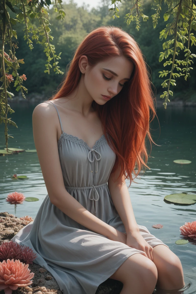 Masterpiece, (((full figure))) entire body in frame, (((magical lighting action shot))) (((beautiful slight smile anorexic pale goddess Irish woman sitting in greek garden water waterfalls)), ((( silk white flowing dress showing off body looking into camera))) , (((short redhead hair))) moody lighting, blue hour, blue colors, very detailed, dramatic lighting, digital art trending on Artstation 8k HD high definition detailed realistic, detailed, skin texture, hyper detailed, realistic skin texture, armature, best quality, ultra high res, (photorealistic:1.4), high resolution, detailed, raw photo, sharp re, by lee jeffries nikon d850 film stock photograph 4 kodak portra 400 camera f1.6 lens rich colors hyper realistic lifelike texture dramatic lighting unrealengine trending on artstation cinestill 800, (((accurate female anatomy, perfect eyes))) (((500px, fstoppers, photosight.ru, retro punk)))