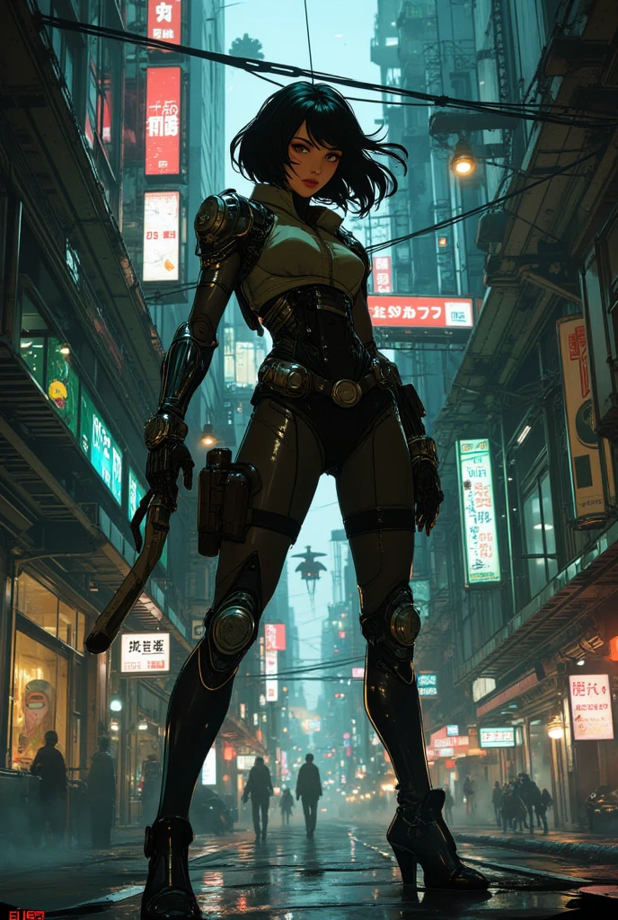 Solo girl with short black hair, perfect face and body, full body picture, panoramic, amidst a scene of a dark city, detailed illustration, tight dark clothing, determined expression, posing stance, juxtaposition of innocence and chaos, scifi structures in the background, dust clouds billowing, digital painting, dramatic lighting, highly detailed