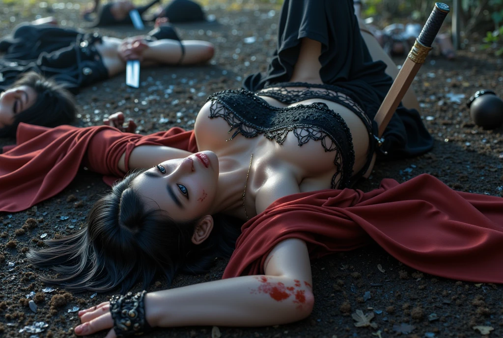 1 girl, sexy, beautiful samurai, katana, samurai, muscular abs, navel, fantasy, sensual, cropped corset goth top, mini skirt, beautiful asian goth girl, sexy, deep navel, heavy goth makeup, armpit, fighting, sweaty skin, blood, wounded, undead, red blood, horror, goth horror, samurai, near death, injured, tired, goth horror, horror, haunted, dripping blood, blood painted skin, blood all over the place, lay down on ground, wet skin, black eyes, red eyes, eyes hurt, navel pierced, blood in navel