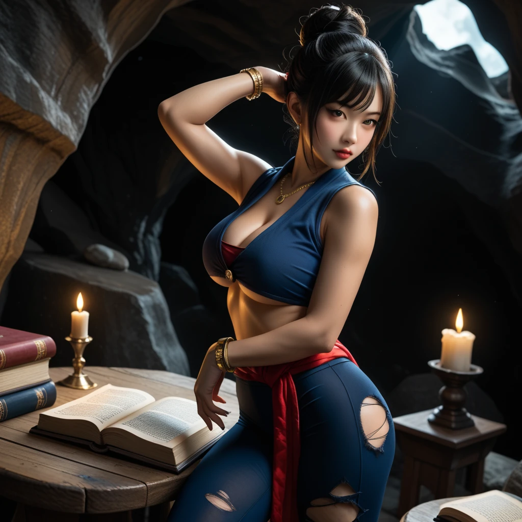 ((high quality)), ((masterpiece)), ((ultra realistic)), 8k, a beautiful korean female warrior, she has dropped an object on the floor, she is bending down to pick-up the object, she is looking at the object on the floor, she is not looking at the camera, she is wearing glasses, she is wearing loose-fitting chainmail armor, she has long formless blonde pigtails, delicate light skin, big butt, big breasts, beautiful detailed blue korean monolid eyes, shapely hips, attractive thighs, slender waist, cute hands, cute feet, cute nose, symmetrical eyes, blushing cheeks, dark heavy black eyeliner, dark purple eyeshadow, she is sitting upright in a wooden chair at a wooden table, the background is a bustling medieval tavern, it is night time, night-time lighting, candles are alight inside the tavern, she has two feet, she has two legs, she has two arms, she has two hands, she has two breasts, she does not have extra hands, she does not have extra arms, she does not have extra legs, she does not have extra feet, she does not have extra finger, she does not have extra toes, the photo is realistic, it is taken in the style of the HBO series 'Game of Thrones' cinematography, cozy warm toned colors, dramatic lighting, she is looking down at the object on the floor, she is not looking at the camera