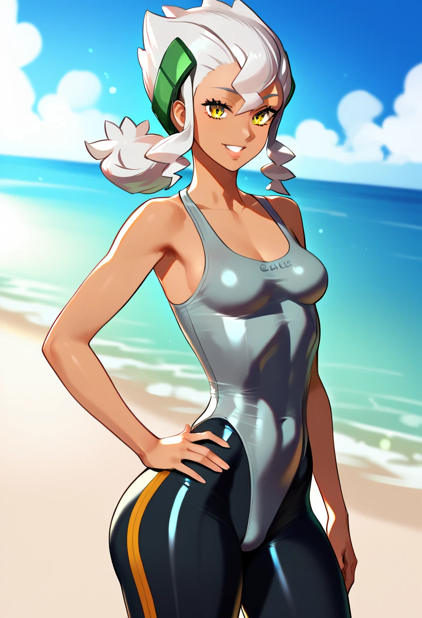 A beautiful very short hair girl in a school swimsuit , with tanned, glowing skin, striking a sensual pose, 8k, photorealistic, fantasy art style, trending on artstation