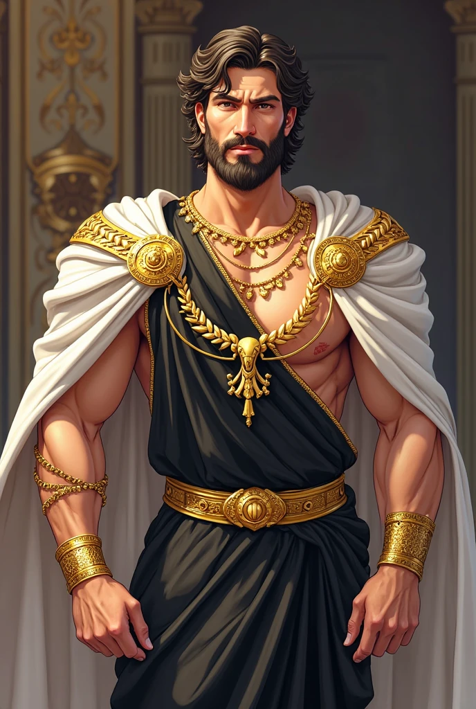 On a sunny day, ((artwork)) ((body completo)) ((30 year old man)) body: brownish skin, high, muscular, ((body hair)) (( hair)) male face, barba, beautiful eyes, detailed eyes ((Gold colored eyes)). Expression: Seductive, sonrisa Seductive. CLOTHES: Greek Cape, TOGA BLANCA, Gold ornaments, greek prince ornaments. pose: dynamic. scene: greek temple, Greek columns. Decor: winter, decoración de winter brillante, Wonderful lighting. Seed in the sky. mature male, Skinny and tall!(Chest hair:1.8) ! High detail 8K)! ((Realistically)), ! ! Popular clips! ( High-detail 8k ((realistically)), big hairy black areola! , best quality, r,More Detail!!Triangle low-rise !Mid-scene photography!hairy breasts, thick hair , Reddit, photo realism, , white hair! photo realism, !Short hair!! abs,