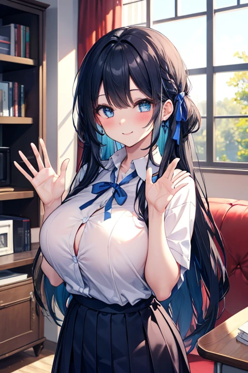 A beautiful girl wearing a light blue maid outfit with lots of frills and lace Long sleeve Black hair braid with hair ornament Upper Body Big Breasts