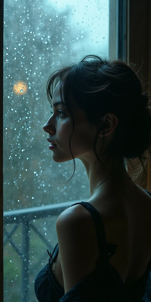 Raindrops whisper on glass! Through glistening droplets, capture the dreamlike silhouettes beyond the window. A flirty matured woman behind the window peeking outside