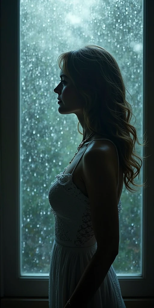 Raindrops whisper on glass! Through glistening droplets, capture the dreamlike silhouettes beyond the window. A flirty matured woman behind the window peeking outside