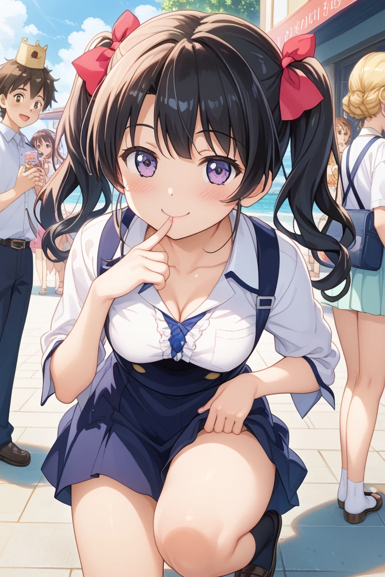 highest quality、High resolution、detailed background、detailed facial expressions、black hair braid twintails、(huge breasts:1.3)、perfect body line、(Three cute girls:1.5)、pink floral embroidered panties、No bra、
((Cute color sleeveless sailor dress:1.5))、white sailor collar、white knee high socks、white overknee socks、
(Three people having fun at a water play spot:1.2)、Laugh playfully、smile、sexual expression、emphasize the chest、emphasize cleavage、underboob、panty shot、Clothes are wet and see-through、cute、peace sign、cute