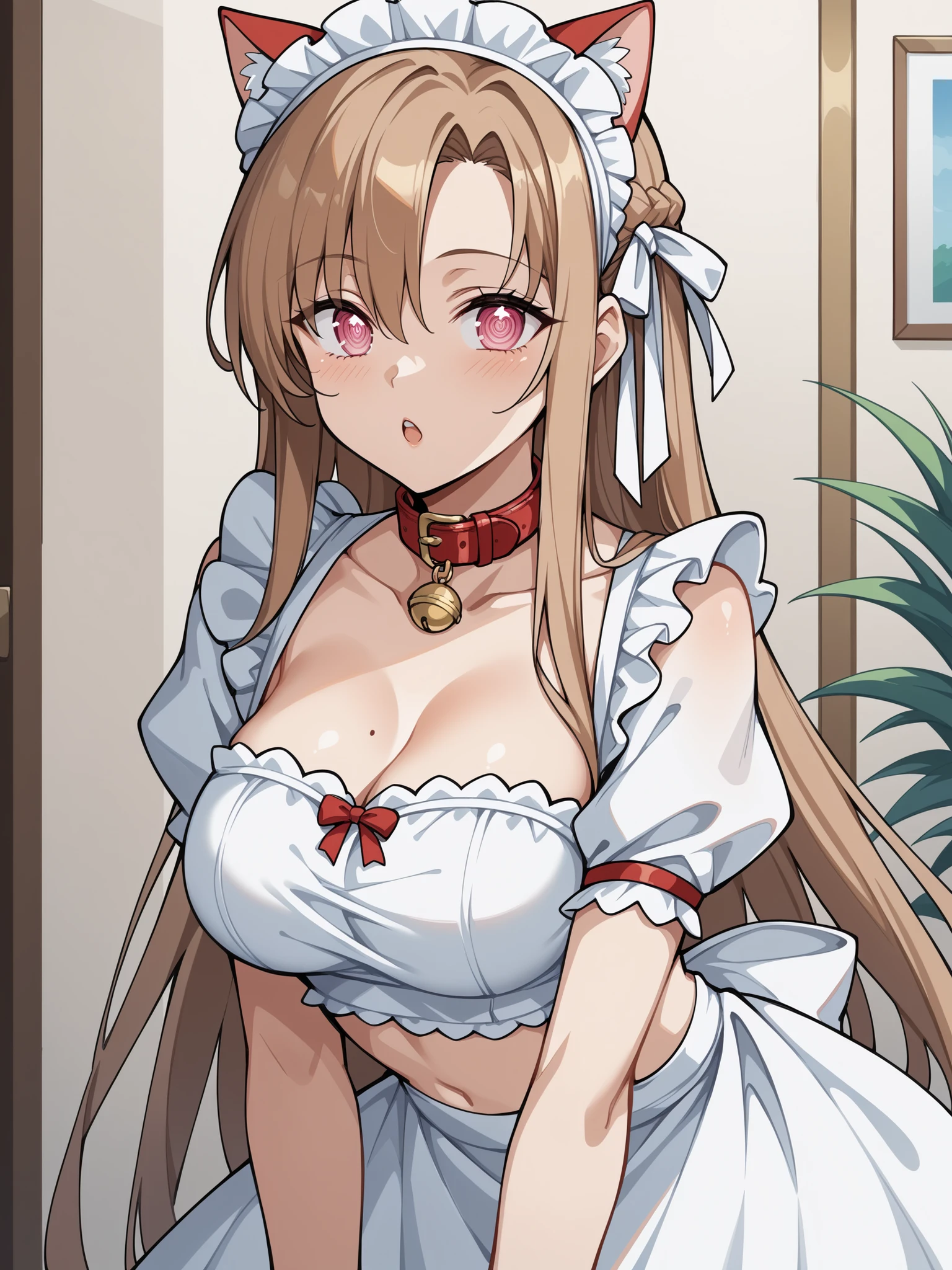 (4K、high resolution、Detailed light、Detailed Shadows、Detailed Design)、1 person、Bronze Hair、Pink maid outfit、(Bikini Maid Costumes)、A maid-like pose