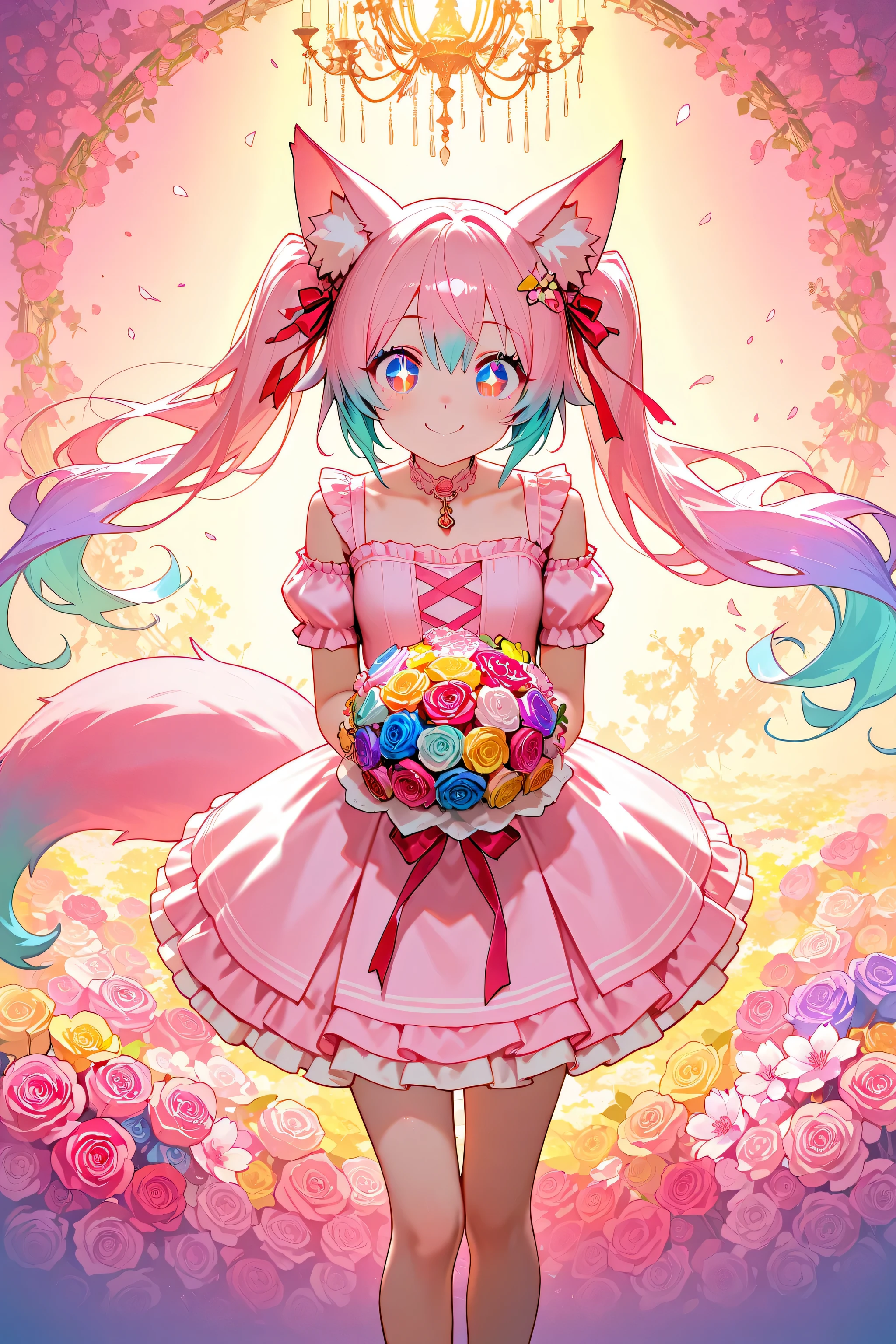 (("12th anniversary")), wearing a pink dress, a long twin tail, a little tearful with a big smile, sparkling large eyes, standing in the center, surrounded by colorful flowers (roses, cherry blossoms, sunflowers), characters on the background, shining pastel color gradient background, chandelier-like light effect, gorgeous and fantastic atmosphere, super detail, vivid colors, 4K image quality, soft lighting,