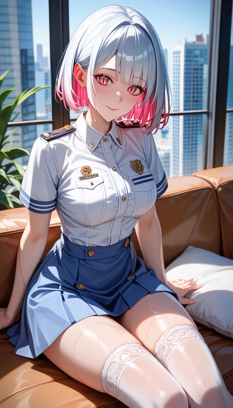 SOLO, A Female ,Perfect body,Oppai, sweaty skin, (colored inner hair, short hair), Pink insect eye,red slit pupils, Sitting on a Lux Sofa, floor-to-ceiling glass window, (Wearing A White Short sleeves JK Uniform), White Stockings, In An Apartment room, Yandere, Midnight, (Outdoor torrential rain), UHD, anatomically correct, masterpiece, textured skin, high details, highres, 1080P, 16k, accurate, textured skin, best quality, Beautiful face, Perfect face, Highly detailed beautiful face and eyes, Attractive face, Detailed face, Delicate facial features, Detailed skin
