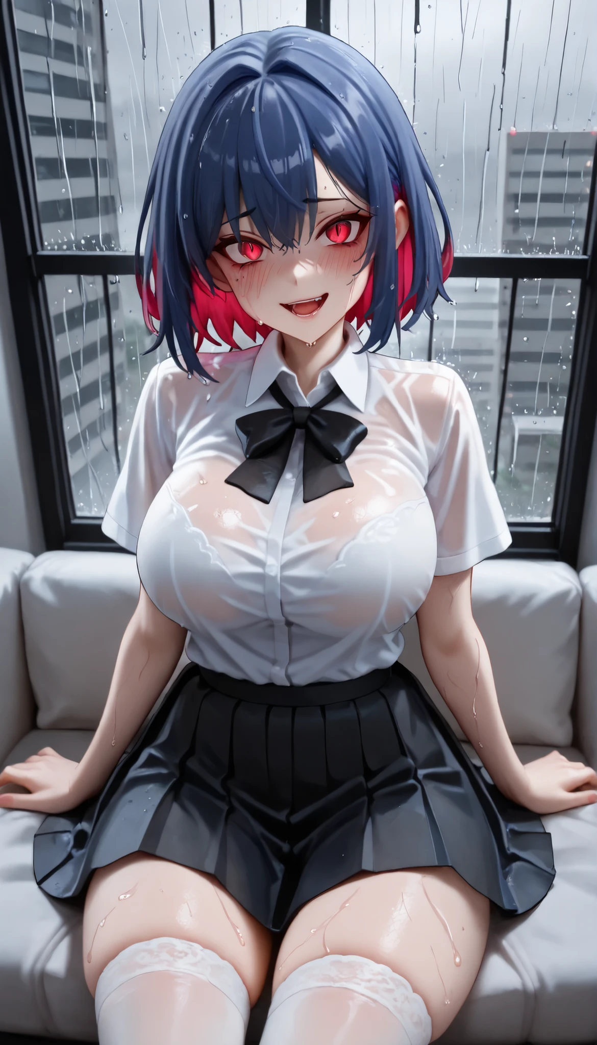 SOLO, A Female ,Perfect body,Oppai, sweaty skin, (colored inner hair, short hair), Pink insect eye,red slit pupils, Sitting on a Lux Sofa, floor-to-ceiling glass window, (Wearing A White Short sleeves JK Uniform), White Stockings, In An Apartment room, Yandere, Midnight, (Outdoor torrential rain), UHD, anatomically correct, masterpiece, textured skin, high details, highres, 1080P, 16k, accurate, textured skin, best quality, Beautiful face, Perfect face, Highly detailed beautiful face and eyes, Attractive face, Detailed face, Delicate facial features, Detailed skin