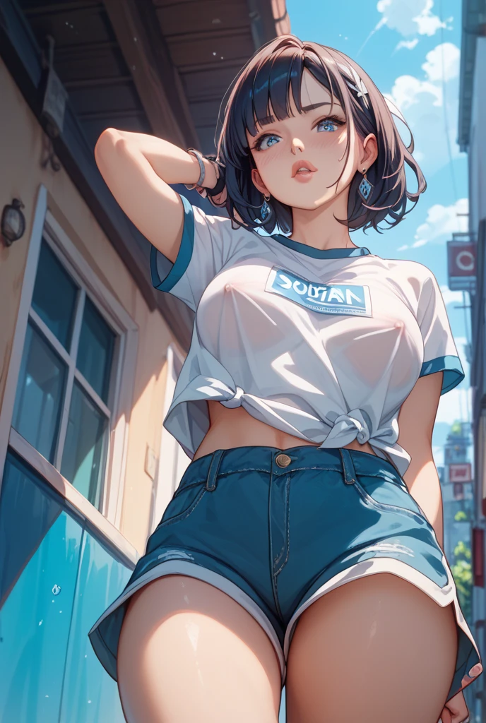 Kaihara,brown hair,Superbly detailed eyeob cut,
jewely,White yoga crop top,white yoga tight shorts,hands on the chest,ssee-through,looking at viewert,hair adornments,choker necklace,is shy,
(tmasterpiece,quality,最佳quality,offcial art,Beauty and aesthetics:1.2),(1个Giant Breast Girl),extremedetailed,rich colourful,highest details,
(:1.2,)The upper part of the body,from below,Carmelto,denim pant,long trousers,Ultra shortull body like,squatt,legs apart city,the street, tilt, muri, suns, Clouds,Superbly detailed eyes,Delicate face