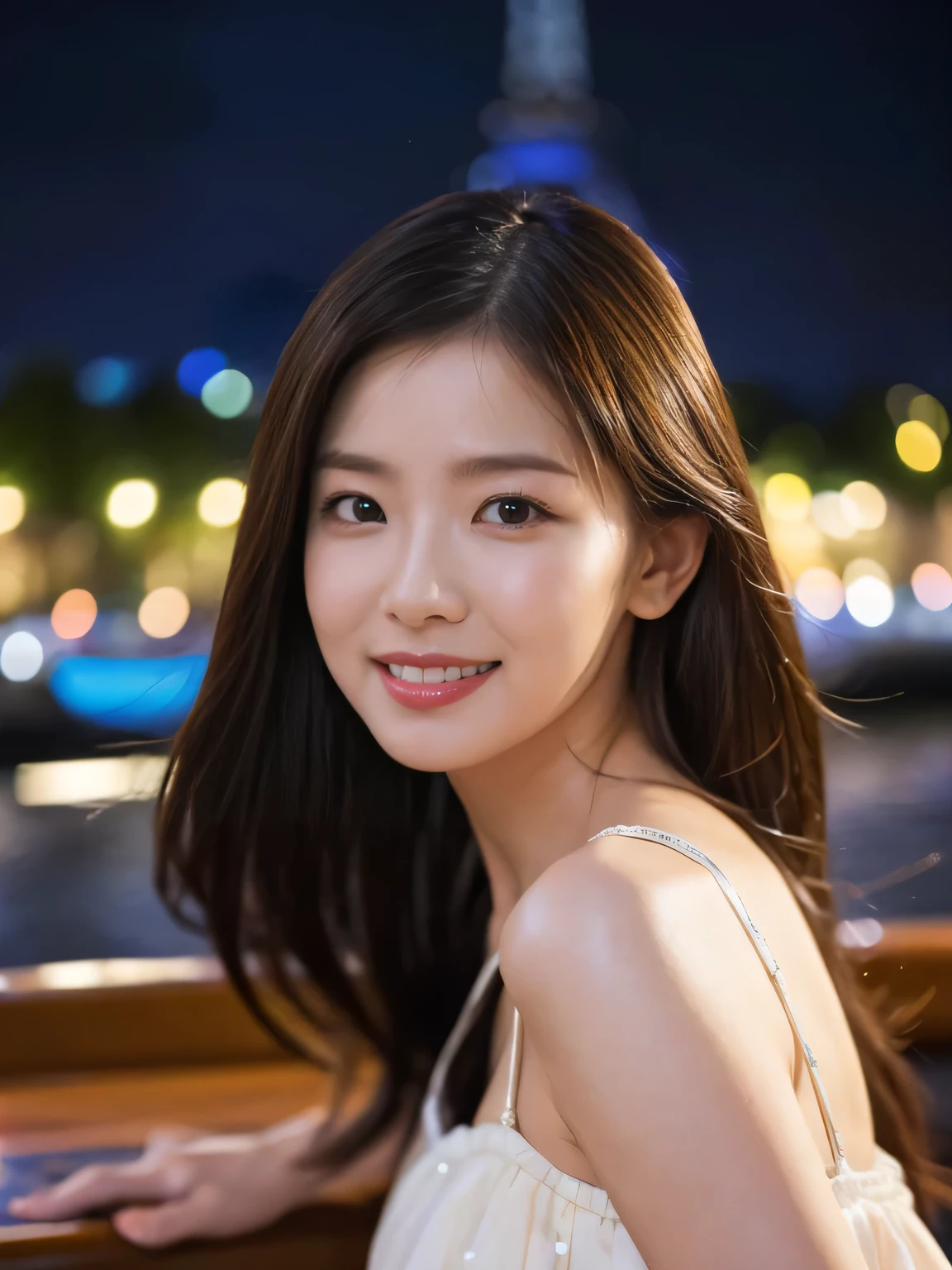 ((table top:1.4, highest quality)), (realistic pictures:1.4), 
((1 girl)), 
(超High resolution:1.2), very delicate and beautiful, wonderful, 
Highly detailed CG Unity 8K wallpaper, Super detailed, High resolution, soft light, 
beautiful detailed girl, highly detailed eyes and face, beautifully detailed nose, beautiful and detailed eyes, 
(gorgeous long dress:1.4),
cinematic lighting, perfect anatomy, slender body, thin chest,
(Relax on a pleasure boat in the Seine:1.3), (city light at night:1.4), (outdoor:1.3), (eiffel tower),
cowboy shot, looking at the viewer, smile
