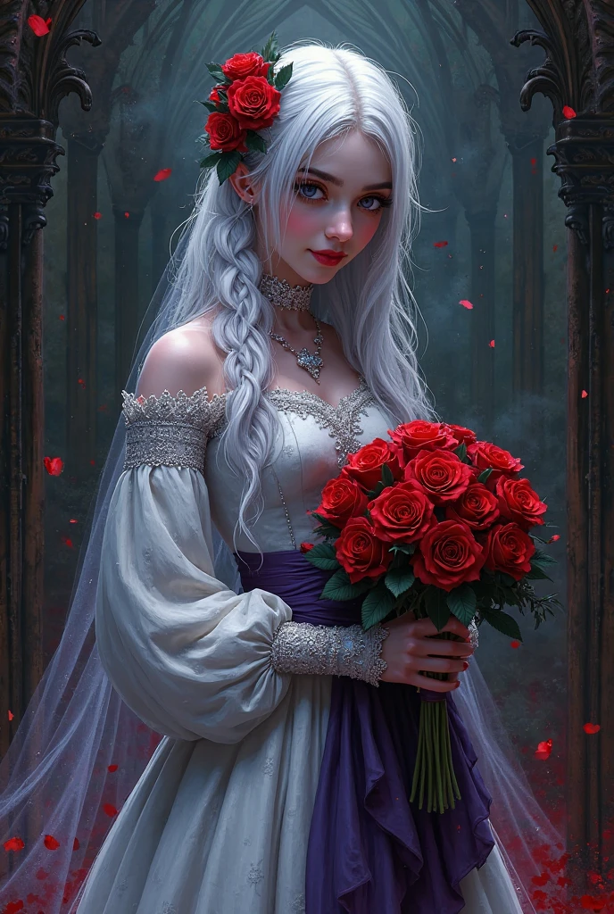Insanely detailed photograph of a gorgeous vampire man, goth Renaissance, long voluminous white hair, intricate white eyes, fantastical, vampire, ethereal, hyperdetailed, 32k resolution, dynamic lighting, hyperdetailed, intricately detailed, trending on Artstation, triadic colors, volumetric lighting, BalenciagaStyle,Woman with Casual ,Duchess clothes, outfit with pink and delicate flowers, dress, medium breasts, pink hair with a cute hairstyle with a bow at the back, holding a bouquet of red flowers