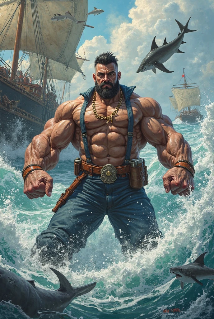 In the dark sea, The muscular captain fights Godzilla,The captain was in his forties,HEIGHT 185CM,There are muscles on the body,Tough facial features,Looks like Dutch,With a sword,There was a fire rain in the sky