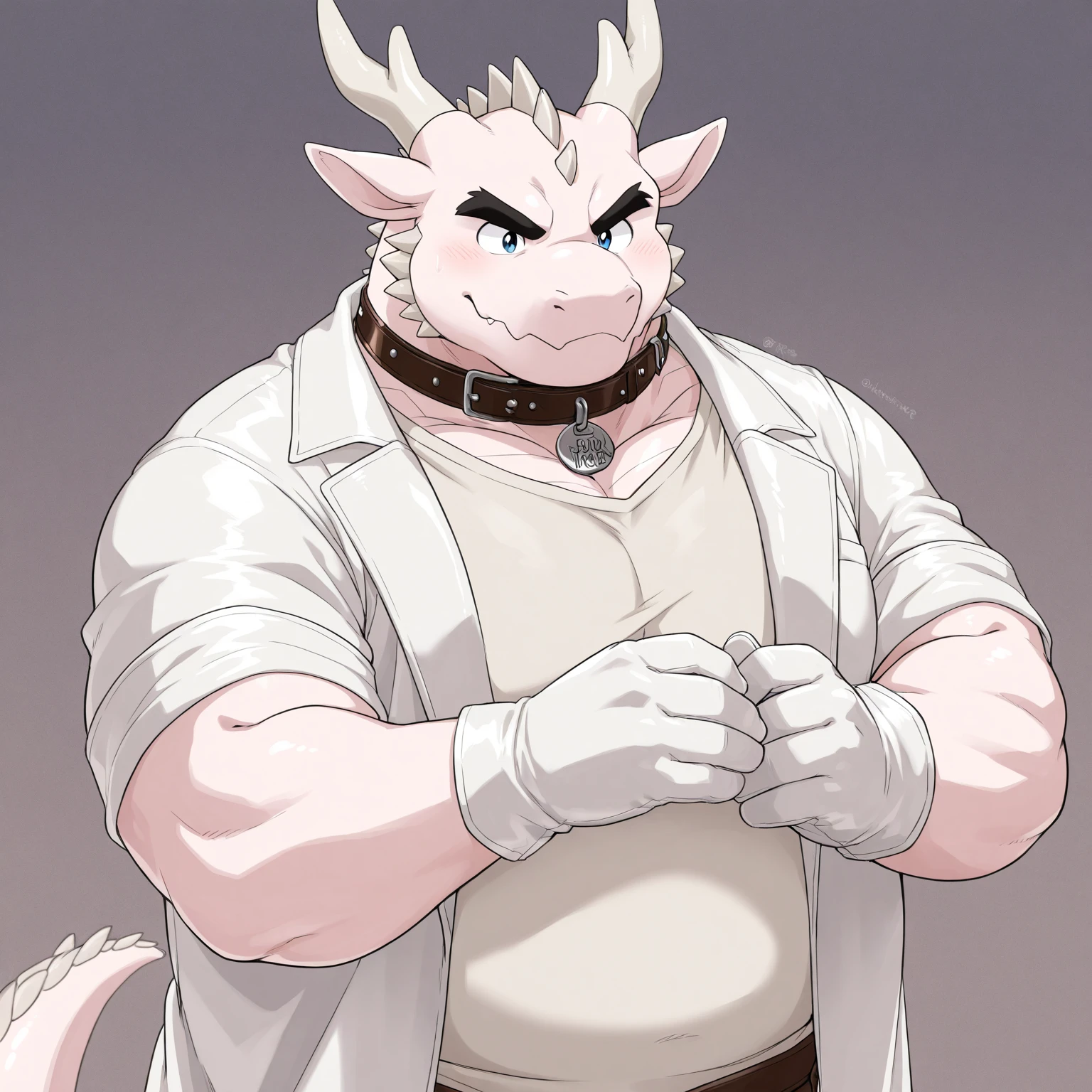 (Best quality: 1.0), (Super High Resolution: 1.0), (masterpiece, best quality:1.2), detailed, detailed hands, detailed eyes, score_9, score_8_up, score_7_up, furry, anthro, ((dragon)), ((solo)), grandpa, (about 70 years old), (manly), horns, handsome face, huge, bangs, white beard, beard above mouth, fluffly fur, nipples, looking pleasured, sexually, sexy pose, NSFW, (apron), nude, bulge, flaccid, in heat, panting, sweat, sweaty, musk, (skinny, shy), hands touching, (looking at viewer, shy), blushes:0.3, first person view, close up view, (by bebebebebe, by syuro)