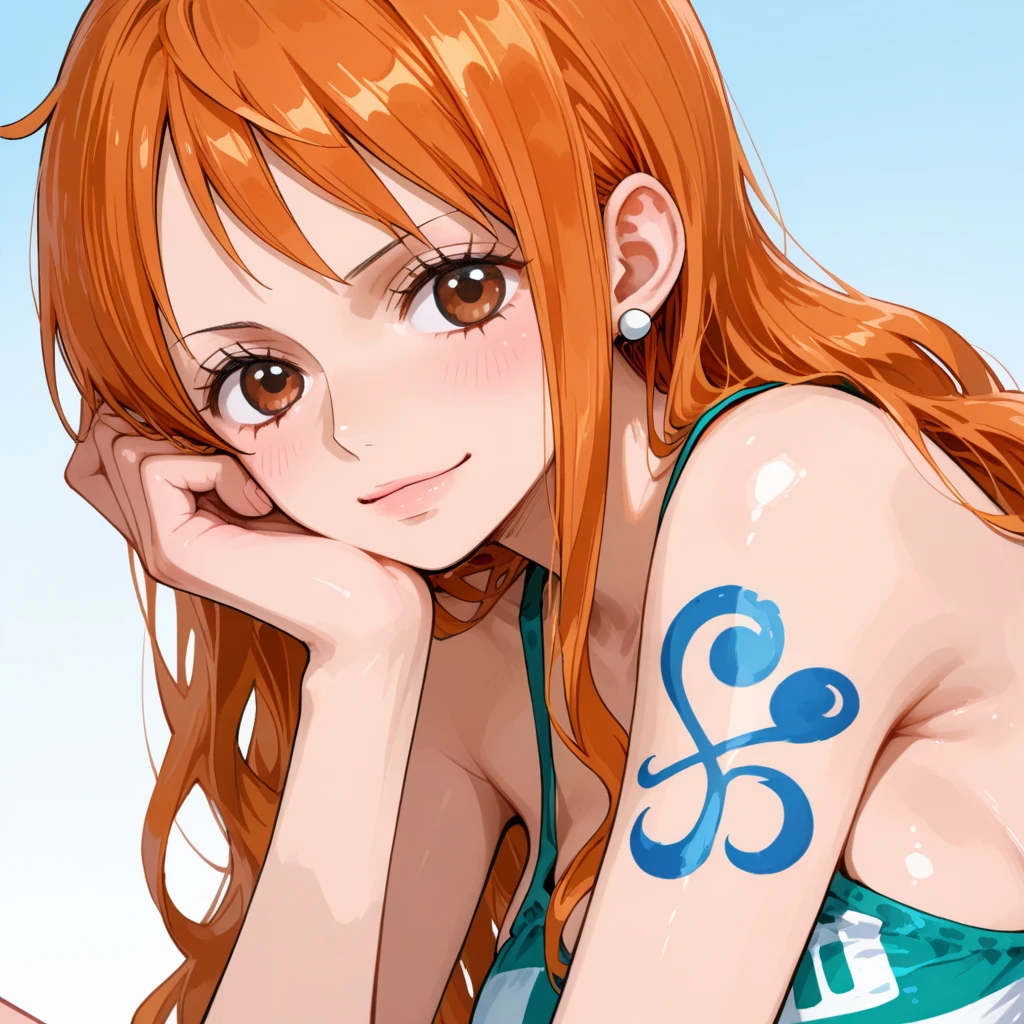 nami de minissaia verde, corpo inteiro , decote , seios grandes , segurando os seios , uma obra-prima , Retrato bonito , arte de anime digital detalhada , Muito detalhes Artgerm haha, deviantart artstation cgsscosiety , fanart melhor artstation, Artgerm. alto detalhamento, seios grandes, vista por traz