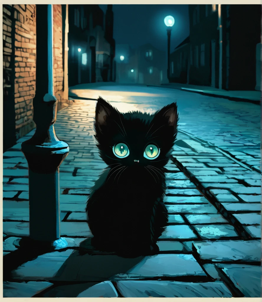 Black kitten, big eyes, na cor azul, Brilliant enigmatic look, fundo: dark brick floor street. low lighting. Noite. Vintage light pole. Slightly blue-green filter
