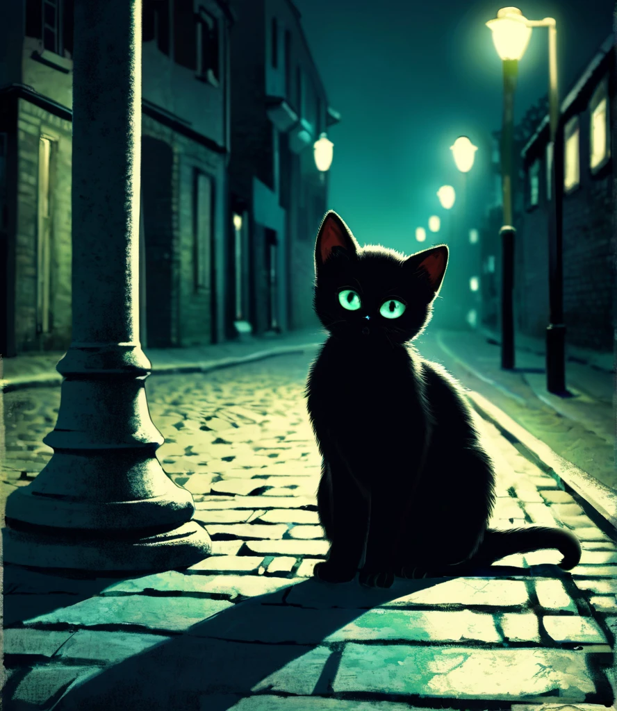 Black kitten, big eyes, na cor azul, Brilliant enigmatic look, fundo: dark brick floor street. low lighting. Noite. Vintage light pole. Slightly blue-green filter